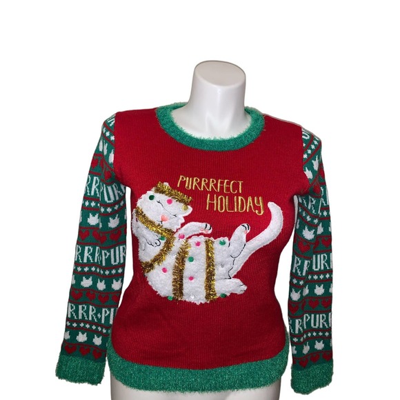 It’s Our Time Christmas Graphic Design Cat Embroidery Pattern Sweater, Size XL - Picture 11 of 11